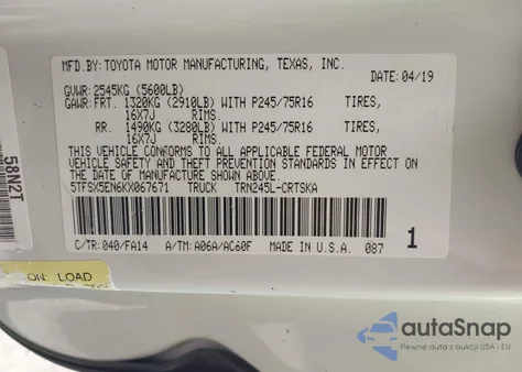 2019 Toyota Tacoma Access Cab/Sr/Sr5 z USA, uszkodzony, nr VIN 5TFSX5EN6KX067671